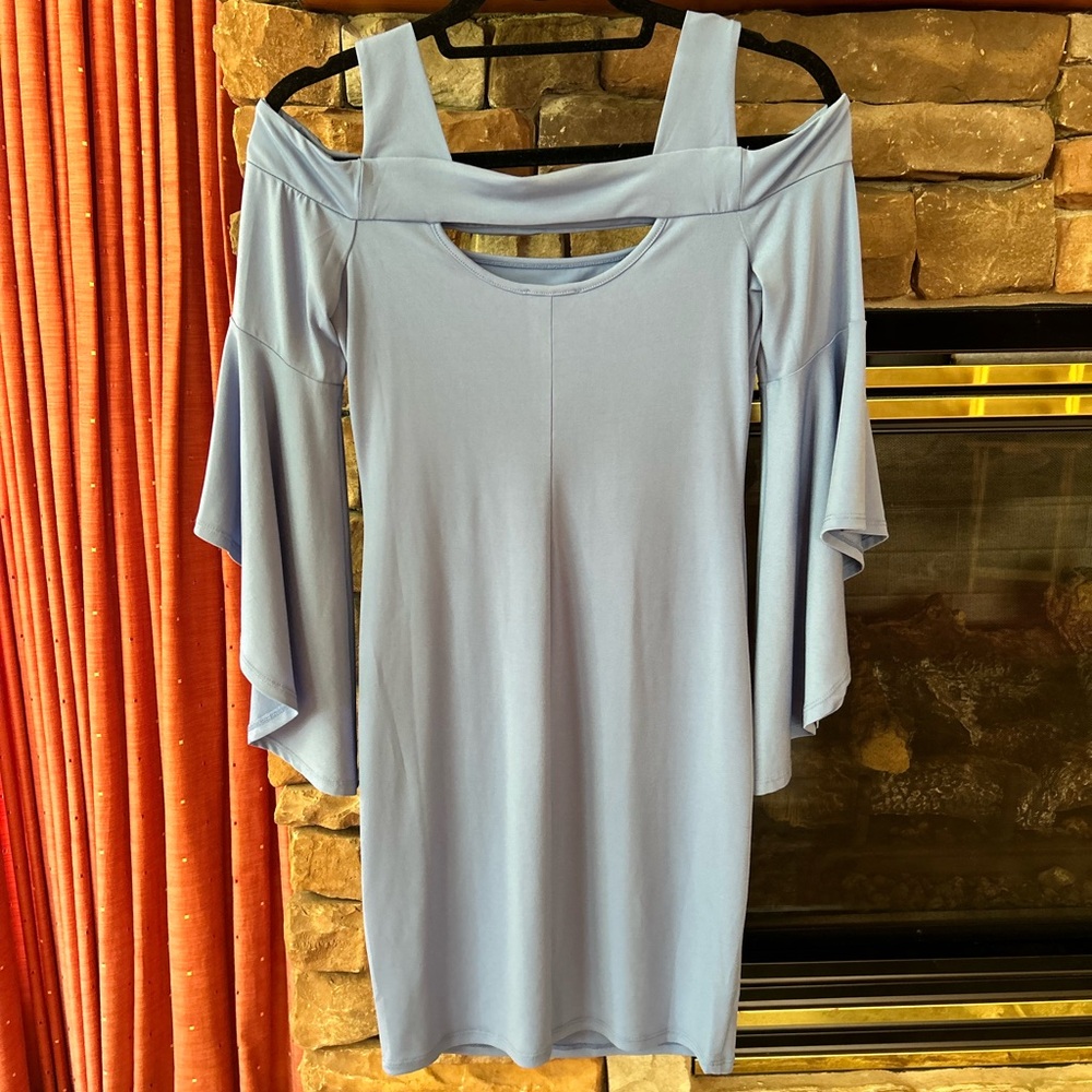 VENUS Blue Sheath Dress with Bell Sleeves